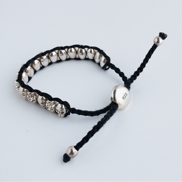 Skeleton Skull Friendship Charm Rope Bracelet Black and Silver Adjustable Unisex - Picture 9 of 13